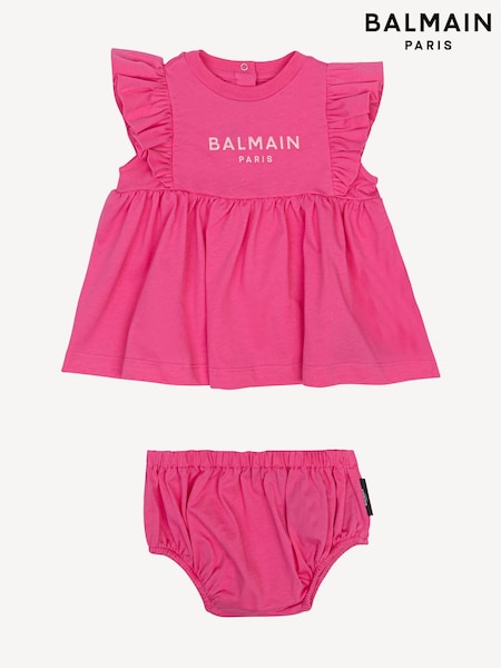 Balmain Baby Pink Logo Frill Sleeve Dress and Knickers Set (AY7641) | AED903
