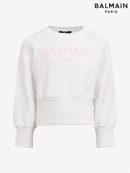 Balmain Logo Long Sleeve Crew Neck White Sweatshirt (AY7644) | AED961