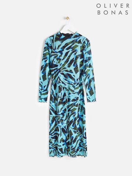 Oliver Bonas Blue Abstract Mesh Midi Dress (AY7720) | €49