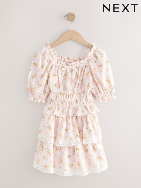 Pink Textured Floral Shirred Bardot Top & Skirt Set (3-16yrs) (AY7825) | AED112 - AED142