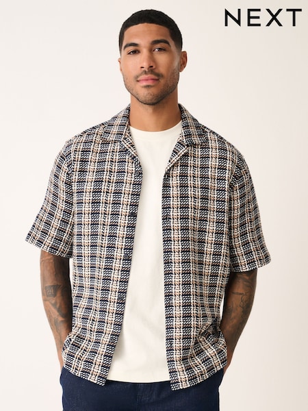 Monochrome Textured Check Short Sleeve 100% Cotton Shirt (AY7857) | €34