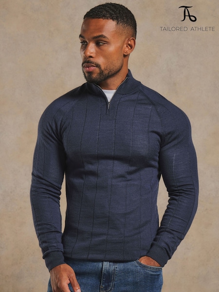Modrá - Regular Tailored Athlete Muscle Fit Extra Fine Merino Wool Ribbed Half Zip Neck Jumper