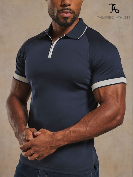 Modrá - Regular Tailored Athlete Muscle Fit Mercerised Cotton Tipped Zip Neck Polo Shirt