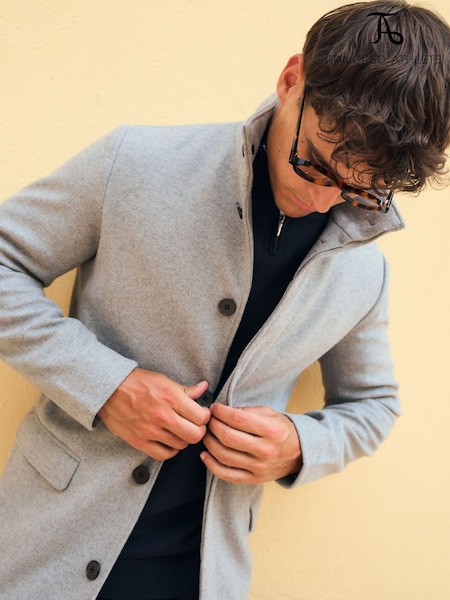 Grey - Regular Tailored Athlete Muscle Fit Funnel Neck Overcoat