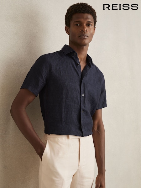 Marineblau - Reiss Holiday Linen Short-Sleeve Shirt (AY8084) | 135 €