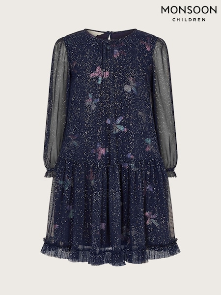 Monsoon Blue Long Sleeve Bow Print Mesh Dress (AY8236) | €19 - €21