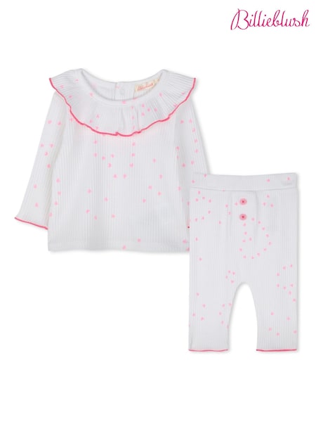 Billieblush Baby Heart Print White Top & Leggings Set With Frill Neckline (AY8280) | ₪433