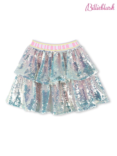Billieblush Silver Iridescent Sequin Rara Party Skirt With Logo Waistband (AY8281) | ₪433