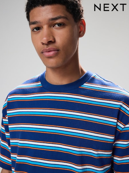 Blue Relaxed Fit Stripe Heavyweight 100% Cotton T-Shirt (AY8394) | R$ 190