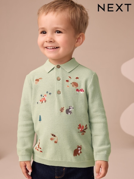 Sage Green All-Over Embroidered Knitted Polo Shirt (3mths-7yrs) (AY8440) | €18.50 - €21.50