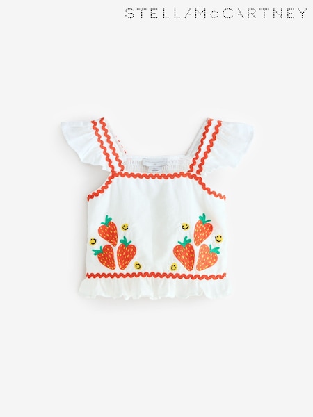 Stella McCartney Kids Strawbrerry Embroidered Woven Crop White Top With Frill Sleeve (AY8483) | AED553