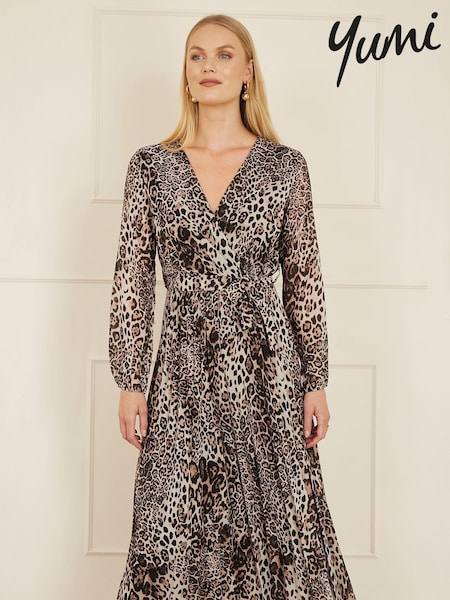 Yumi Brown Leopard Print Pleated Long Sleeve Wrap Midi Dress (AY8524) | 322 QAR