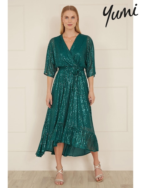 Yumi Green Sequin Kimono Midi Wrap Dress (AY8527) | €96