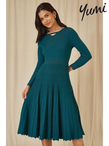 Yumi Blue Knitted Pleated Skater Dress With Notch Neckline (AY8528) | 371 QAR
