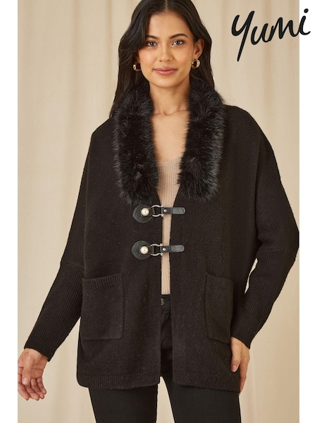 črna - Yumi Cardigan With Detachable Faux Fur Collar Trim (AY8531) | € 79