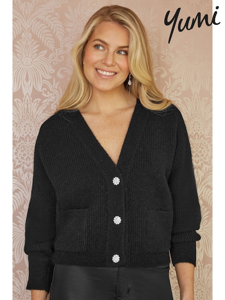 črna - Yumi Daisy Button Knitted Relaxed Fit Cardigan (AY8533) | € 72