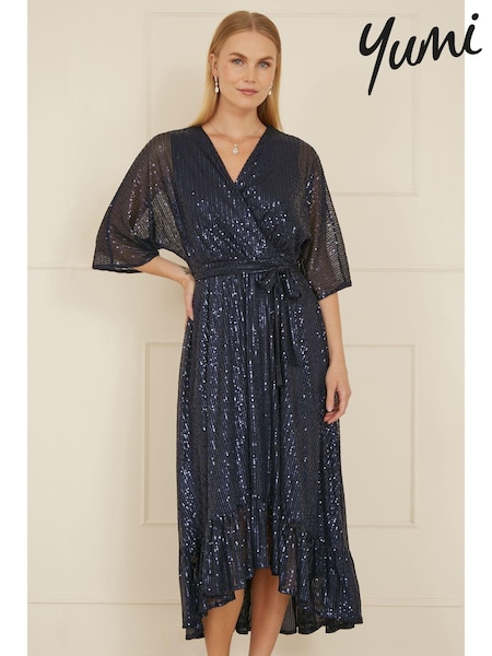 Yumi Blue Sequin Kimono Midi Wrap Dress (AY8534) | €96