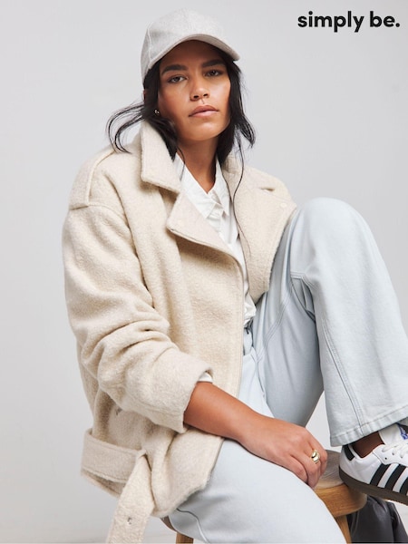 Simply Be Cream Ecru Boiled Faux Wool Biker Jacket (AY8536) | €45