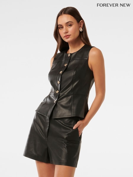 Forever New Kim Vegan Leather Button Front Top (AY8540) | 338 LEI