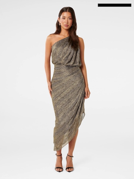 Forever New Gold Cassidy One Shoulder Plisse Midi Dress (AY8572) | €172