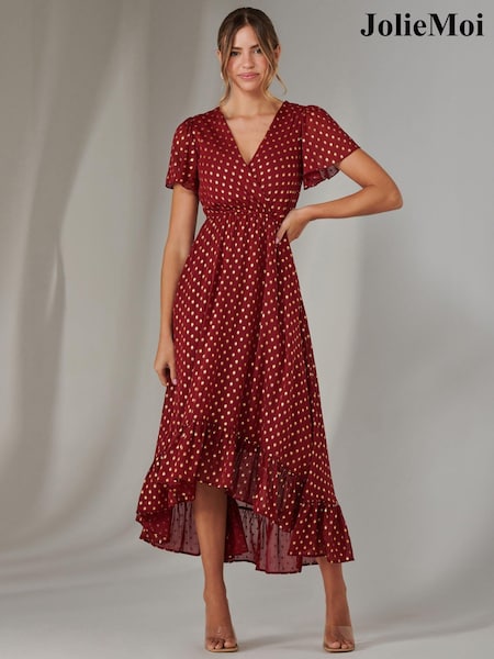 Jolie Moi Red Chiffon Short Sleeve Midaxi Dress (AY8612) | 376 QAR
