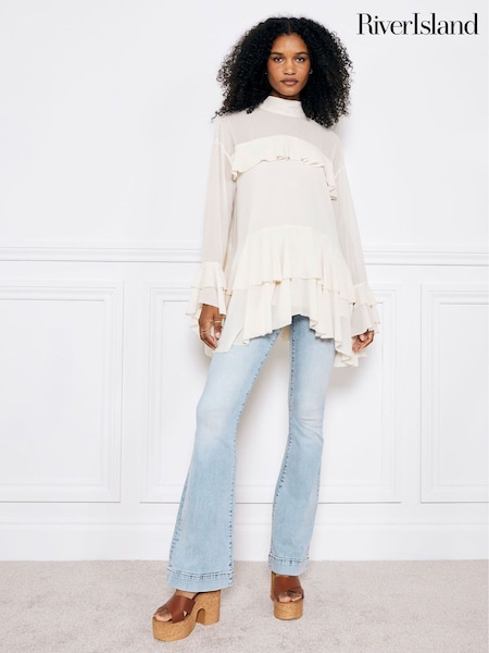 River Island Blue High Rise Tummy Hold Flare Jeans (AY8632) | $84