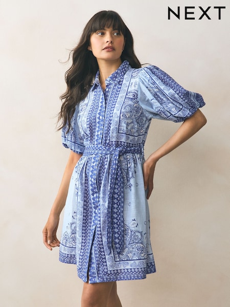 Light Blue Paisley Puff Sleeve Tie Waist Mini Shirt Dress (AY8668) | $71