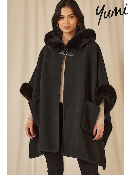 Yumi Black Cape With Luxe Faux Fur Trim And Lining Poncho (AY8702) | 371 QAR