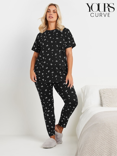 Yours Curve Black Heart 100% Cotton Cherries Tapered Pyjamas Set (AY8726) | $52