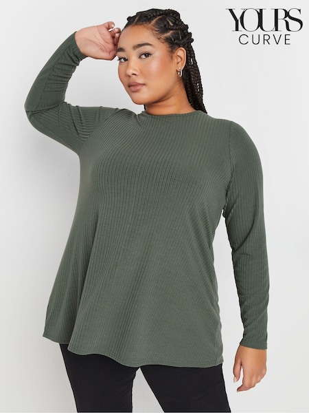Yours Curve Green Long Sleeve Ribbed Swing T-Shirt (AY8762) | 109 QAR