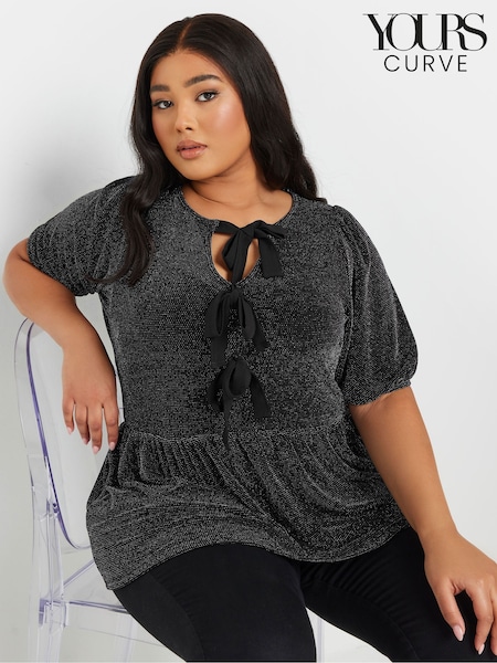 Yours Curve Black Shimmer Bow Top (AY8767) | €37