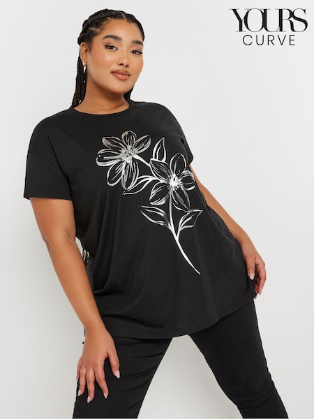 Yours Curve Black Placement Sketch Flower Print T-Shirt (AY8771) | €24