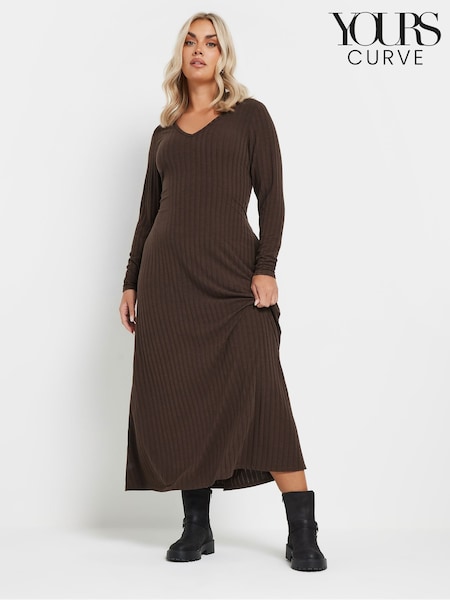 Yours Curve Chocolate Brown Ribbed Flare Chocolate Maxi Dress (AY8775) | 2,043 UAH