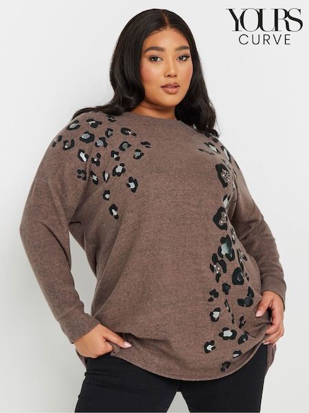 Yours Curve Brown Placement Animal Studded Jumper (AY8783) | €49