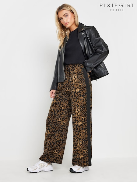 PixieGirl Petite Brown Leopard Print Side Stripe Wide Leg Trousers (AY8784) | €45