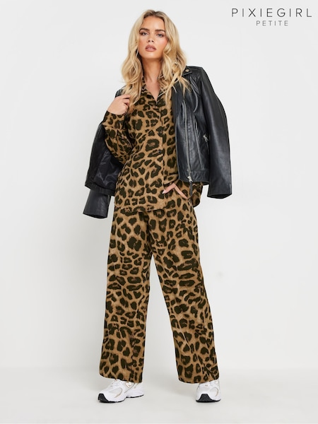 PixieGirl Petite Brown Leopard Print Wide Leg Trousers (AY8793) | ₪181