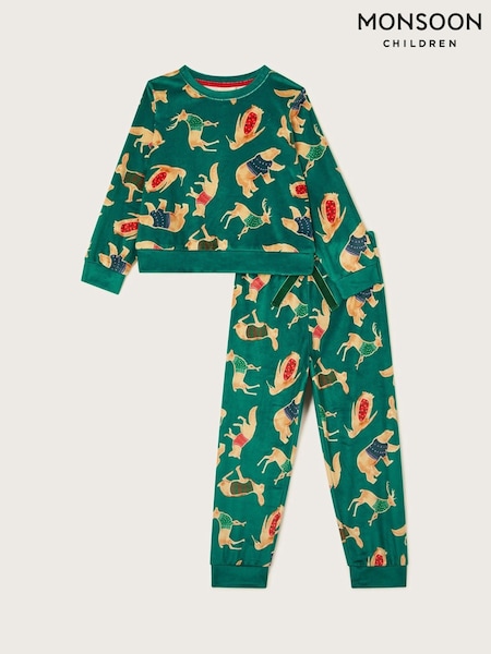 Monsoon Green Velour Festive Animal Print Long Pyjamas Set (AY8832) | AED92