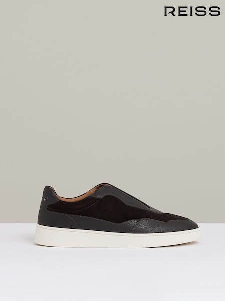 Reiss Espresso Brown Cruz Grained Leather Elasticated Lace Trainers (AY8846) | AED1,066