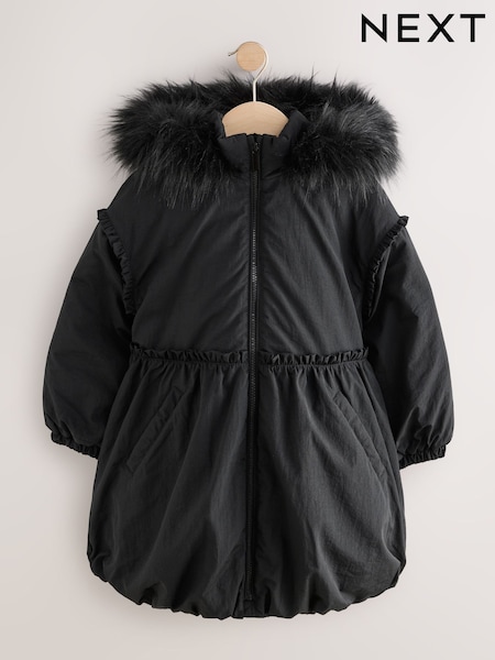 Black Shower Resistant Puffball Hem Padded Coat (3-16yrs) (AY8923) | AED183 - AED234