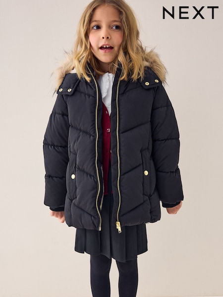 Black Shower Resistant Faux Fur Trim Padded Coat (3-16yrs) (AY8934) | AZN 90 - AZN 115