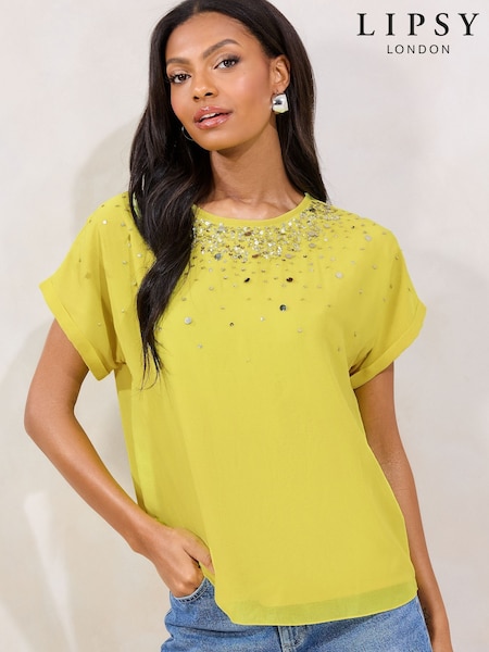 צהוב - Lipsy Sequin Detail Printed T-Shirt (AY8960) | ‏176‏₪