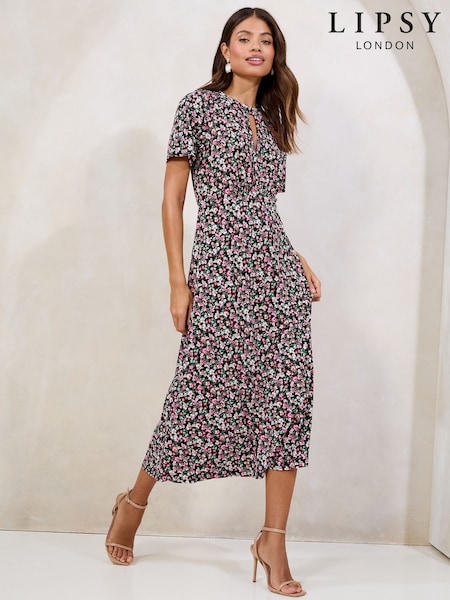 Lipsy Pink Ditsy Printed Short Sleeve Keyhole Jersey Midi Dress (AY9204) | €62.50