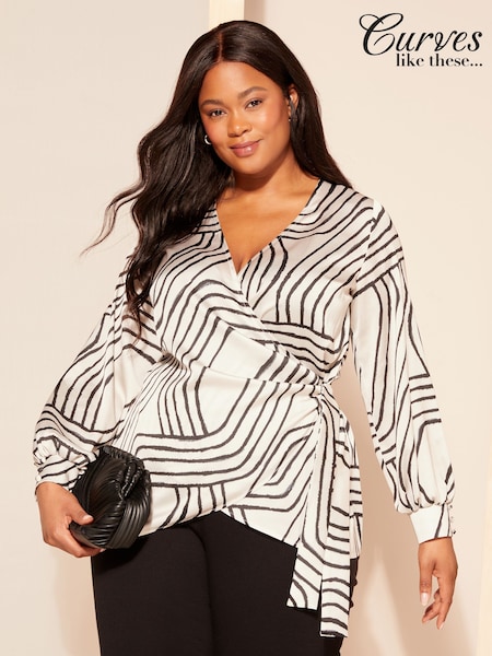 Curves Like These White Long Sleeve Satin Wrap Blouse (AY9214) | 89 QAR