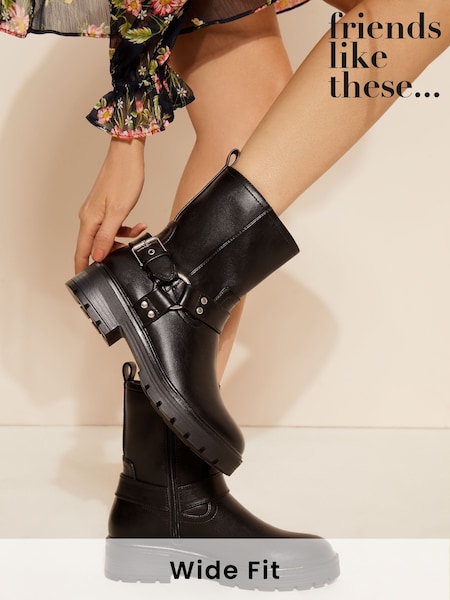 Friends Like These Black Wide Fit Faux Leather Chunky Buckle Ankle Biker Boots (AY9220) | ₪231