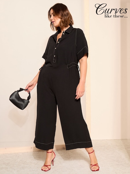 Curves Like These Black Contrast Stitch Utility Wide Leg Jumpsuit (AY9235) | 238 QAR