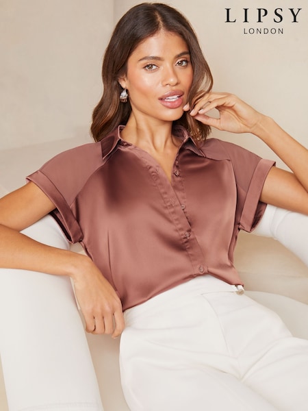 Lipsy Pink Satin Short Sleeve Button-Through Shirt (AY9267) | R$ 355