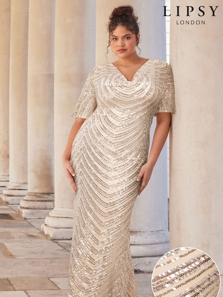 Lipsy Gold Sequin Cowl Neck Reversible Bridesmaid Dress (AY9279) | €207