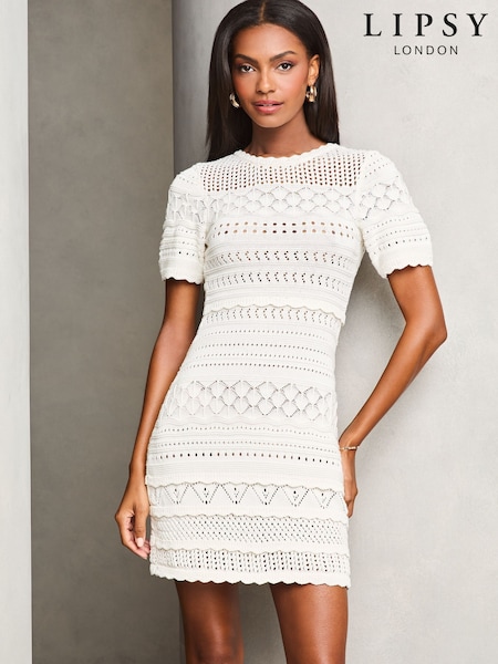 Lipsy White Crochet Fit and Flare Short Sleeve Summer Mini Dress (AY9282) | $99