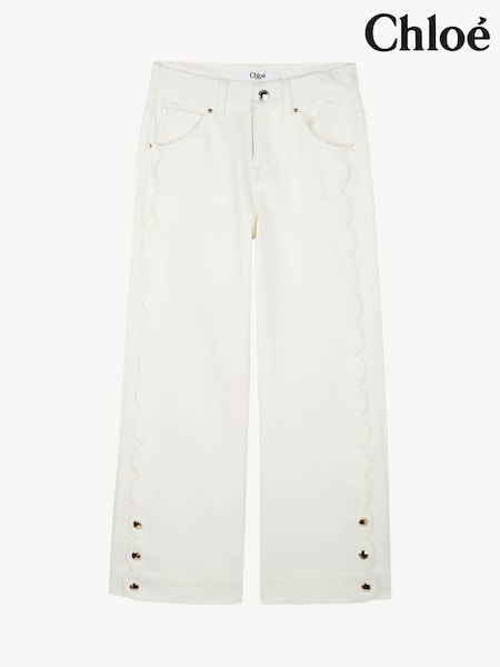 Chloé Wide Leg White Denim Jeans With Scallop Detail and Logo Pocket (AY9313) | AED1,543