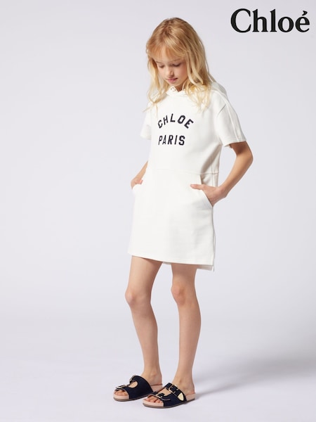 Chloé Paris Logo Short Sleeve White Hoodie Dress (AY9315) | AED932